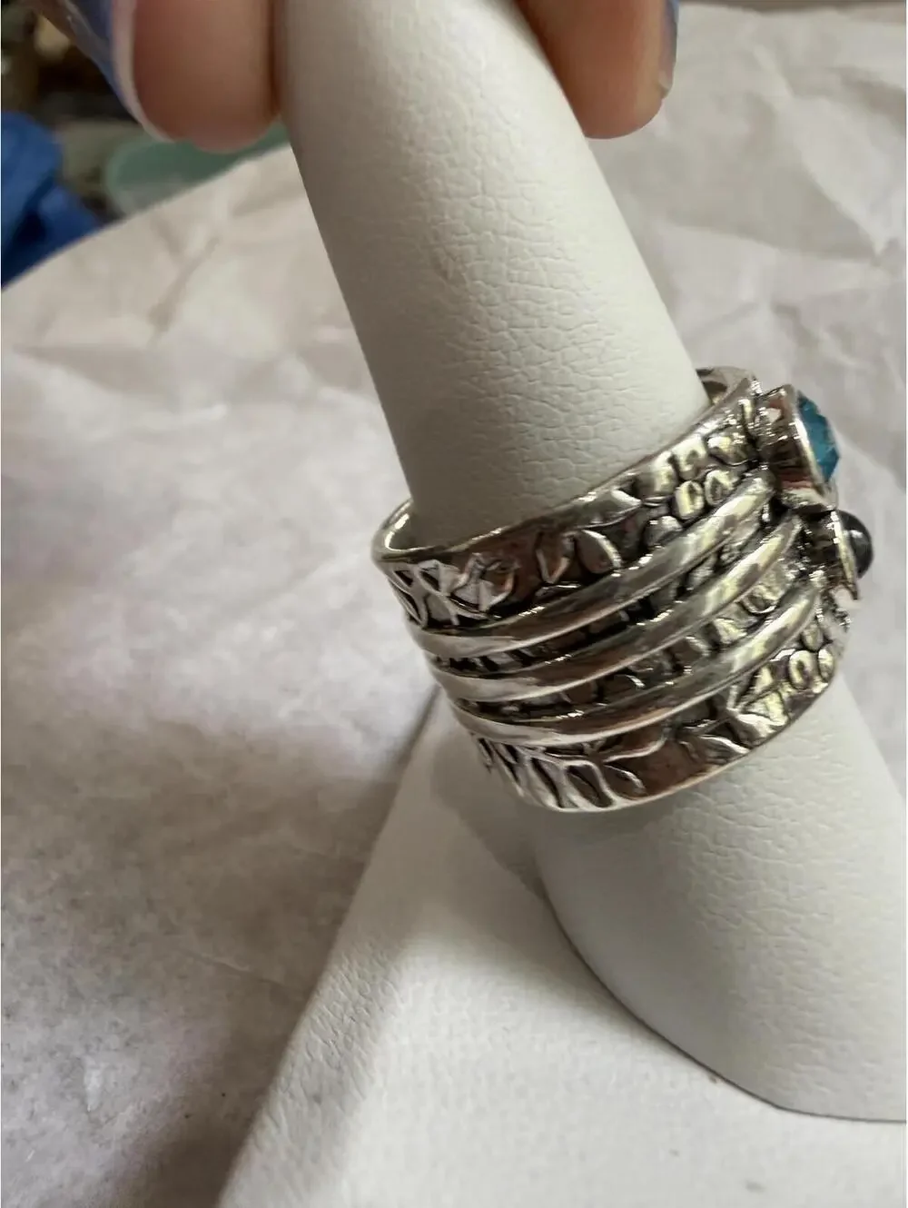 Silver Tone Ring with Blue and Clear Stones 7.5 Size